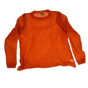 TORY BURCH Orange Mohair Blend Open Knit Crochet Pullover Sweater Size Large